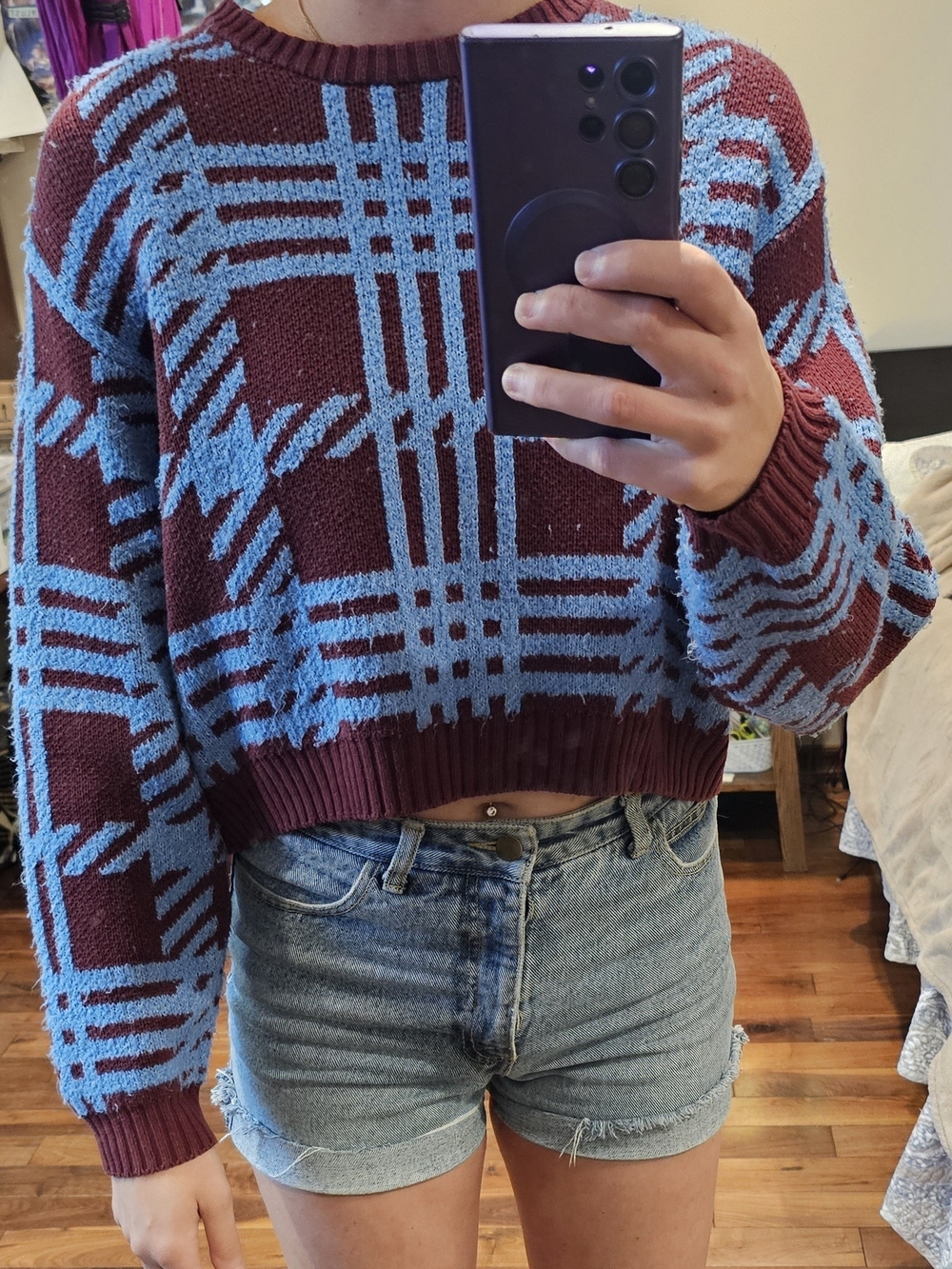 La Hearts Burgundy and Blue Plaid Cropped Crewneck Sweater